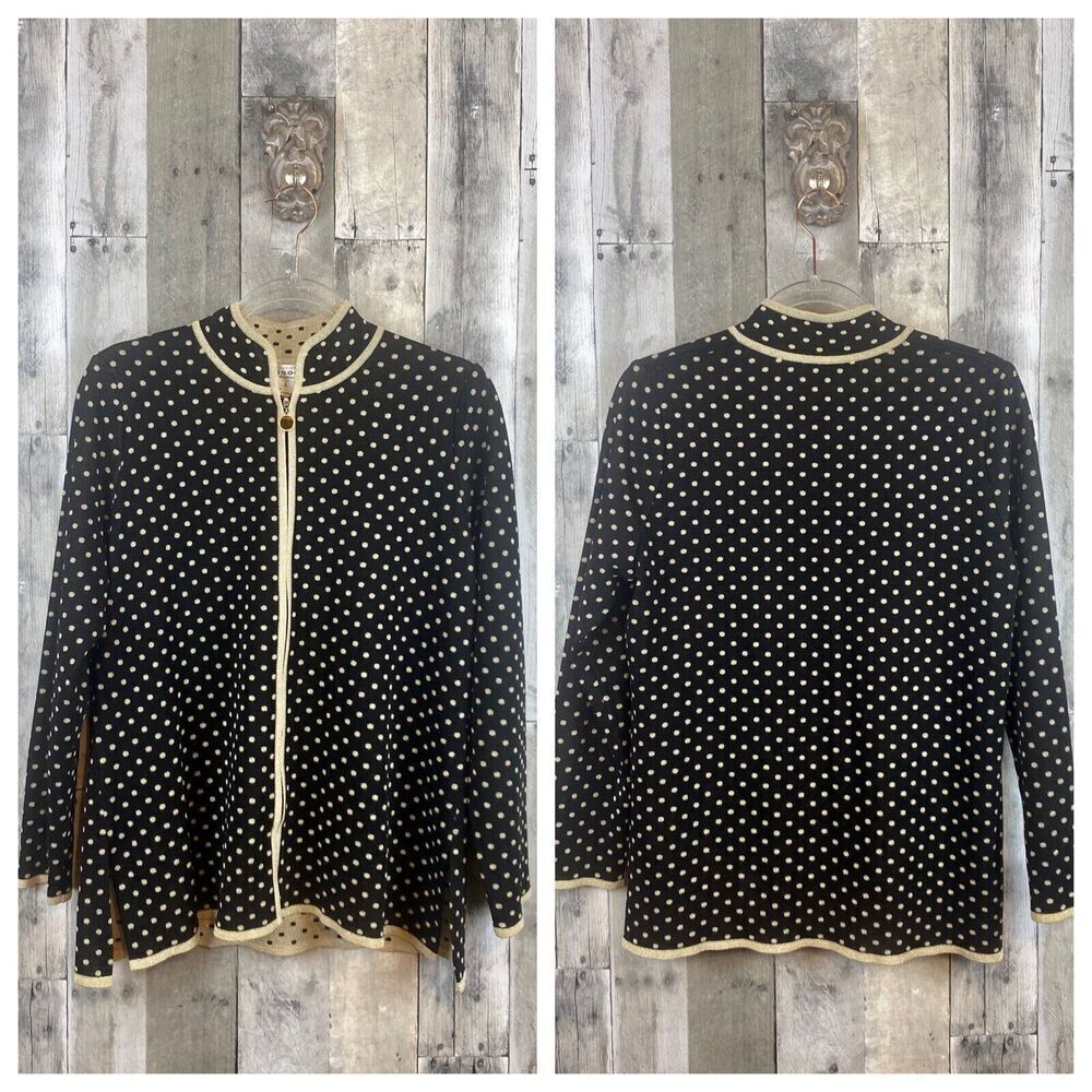 Misook Black & Metallic Gold Polka Dot Full Zip Jacket Size Large. - Picture 10 of 11